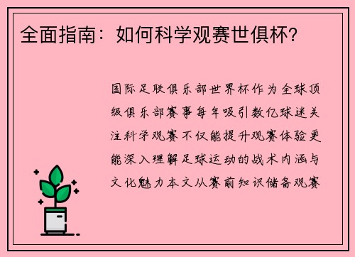 全面指南：如何科学观赛世俱杯？